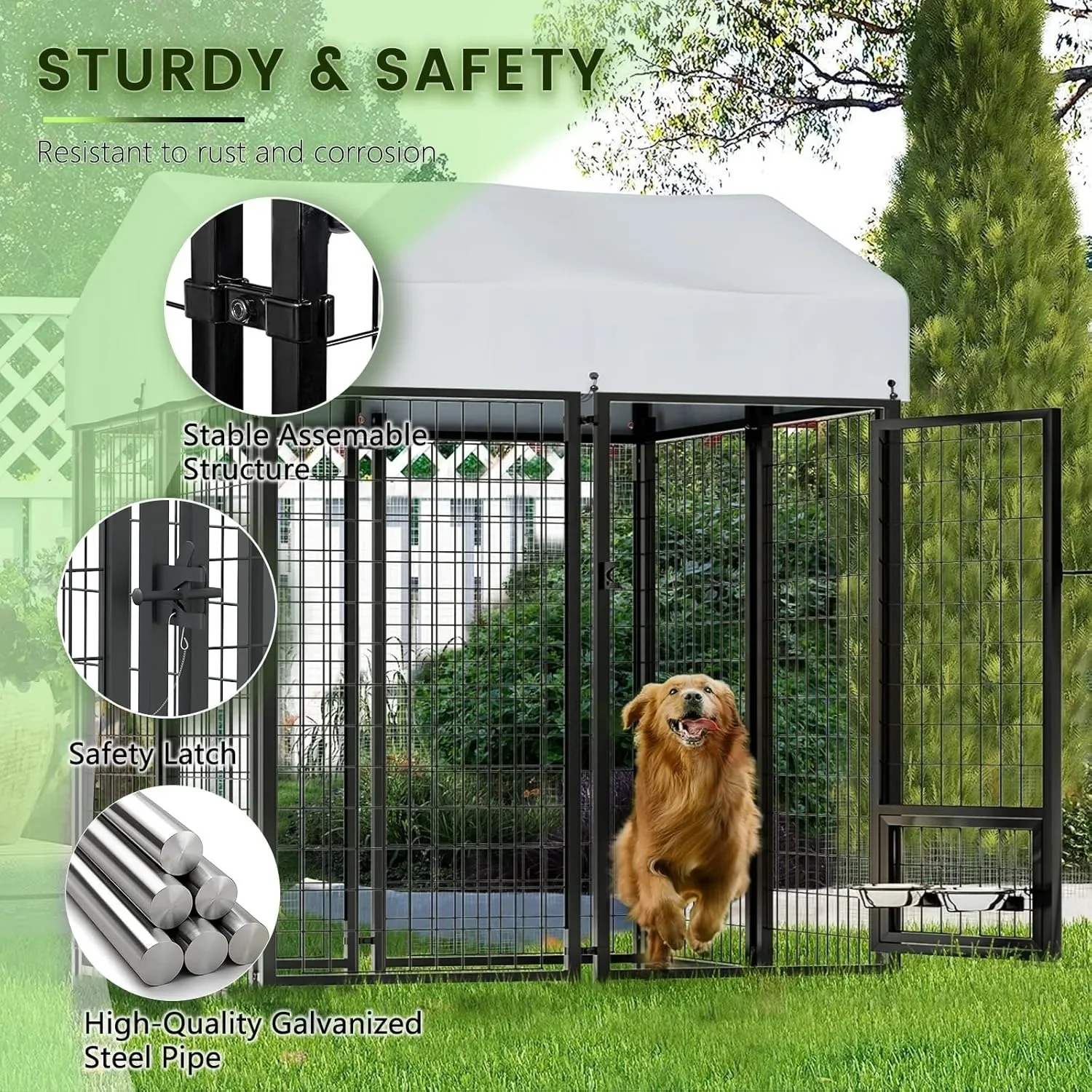 4x4x6フィートの大型屋外犬小屋、回転犬ボウル付き、高耐久溶接ワイヤードッグラン、犬用ベビーサークルフェンス(4x4x6フィート)
