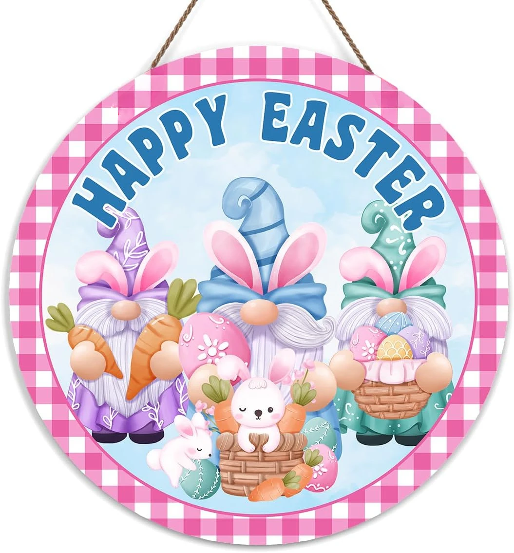 

Happy Easter Welcome Door Sign Bunny Decor Wooden Sign Round Decorative Wall Plaque Easter Gnomes Welcome Sign Decoration