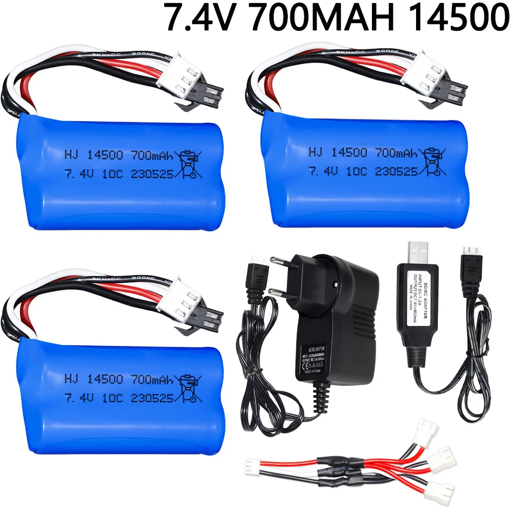 7,4 V 700 mah 14500 Lipo batterie mit USB ladegerät Für MN45 WPL D12 RC spielzeug Auto Boot Pistole Schnellboot teile 7,4 v Lipo Batterie SM PLUG