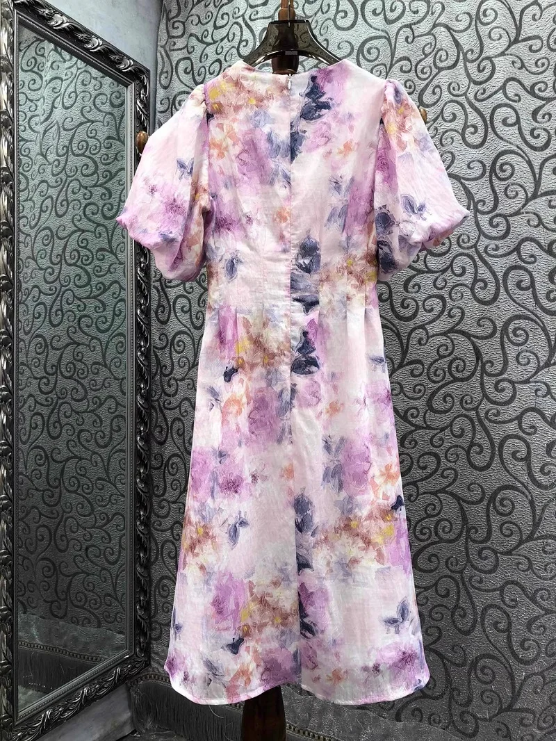 Newest Fashion Summer Dress 2024 High Quality Clothes Women V-Neck Purple Floral Print Tunic Button Short Sleeve Midi Boho Dress