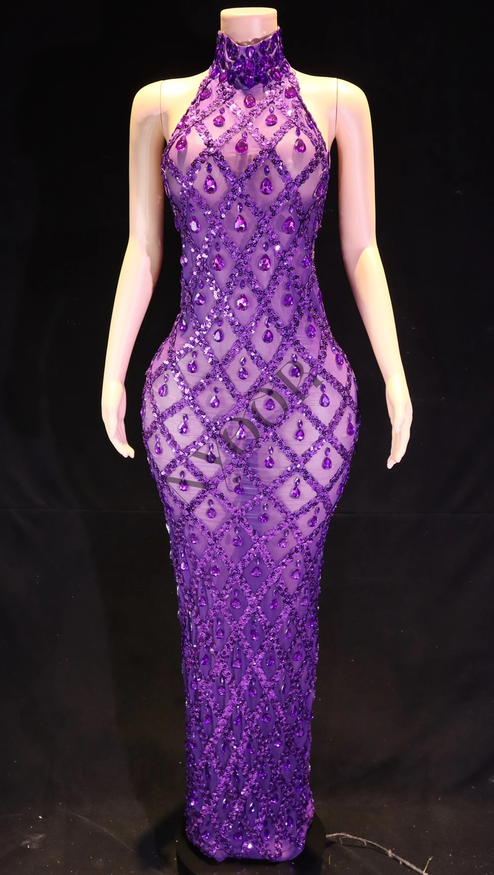 Robe de Soirée Kly Violet à Paillettes pour Femme, Tenue de Spectacle Sexy et Transparente