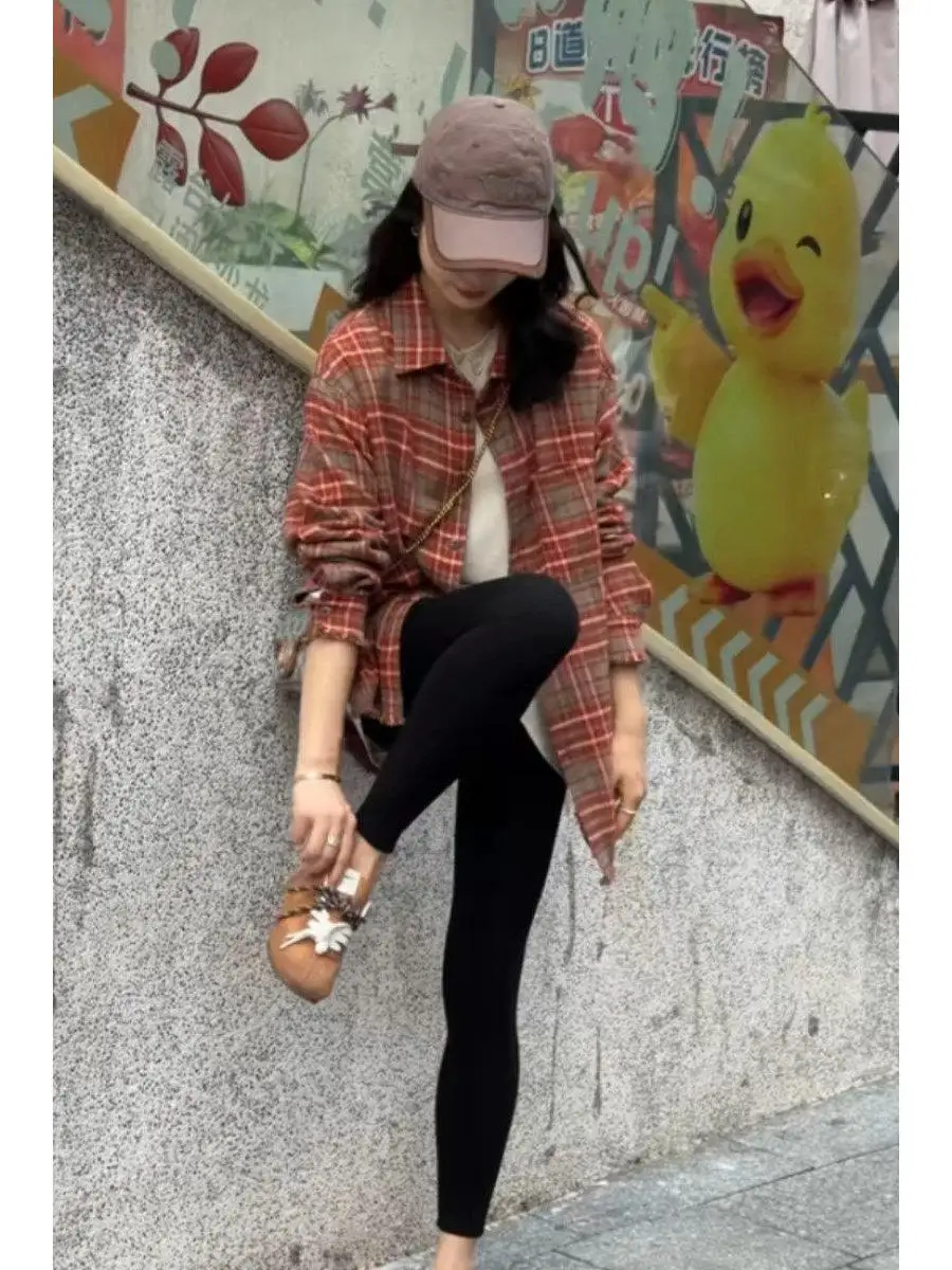 

Retro Frayed Design Checkered Long Sleeve Women's Shirt Spring 2026 Casual Loose Outerwear Comfortable Classic Style