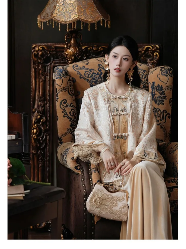 New Chinese-style heavy industry jacquard embroidery patchwork lace coat skirt