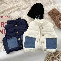 2025 Winter New Baby Sleeveless Warm Vest Plus Velvet Thick Infant Boy Girl Padded Jacket Toddler Denim Pocket Vest Cardigan