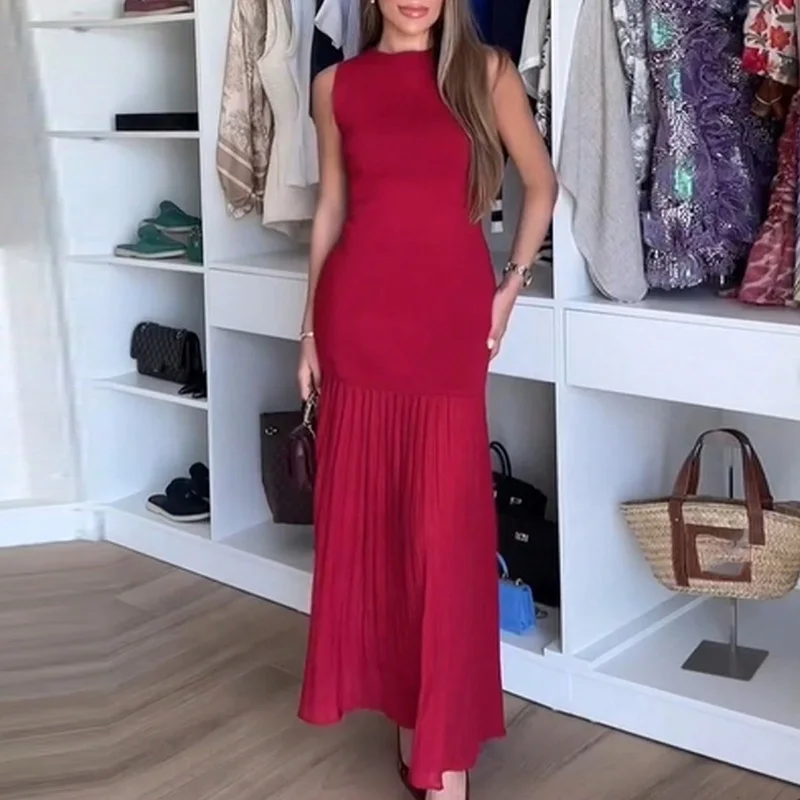 Women Summer Elegant Slim Boho Maxi Dress Fashion O-neck Sleeveless Tank Long Dress Spring Solid Patchwork Knitted Pleated Dress