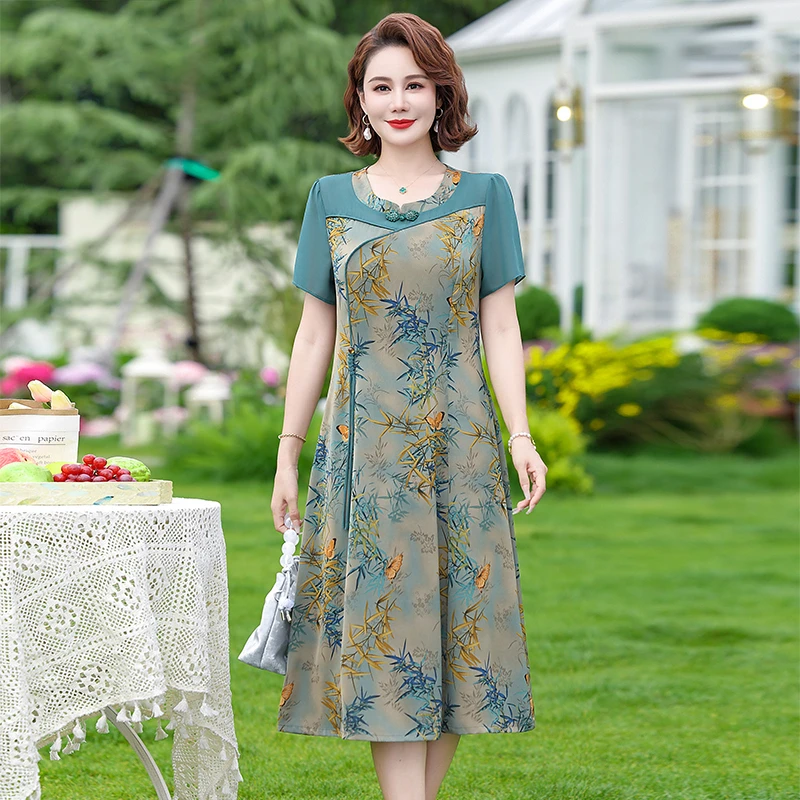 Retro Female Floral Silk Midi Dres Spring Summer Elegant Chiffon Splice Dress Vintage Casual Party Dresses Knee Long Robe