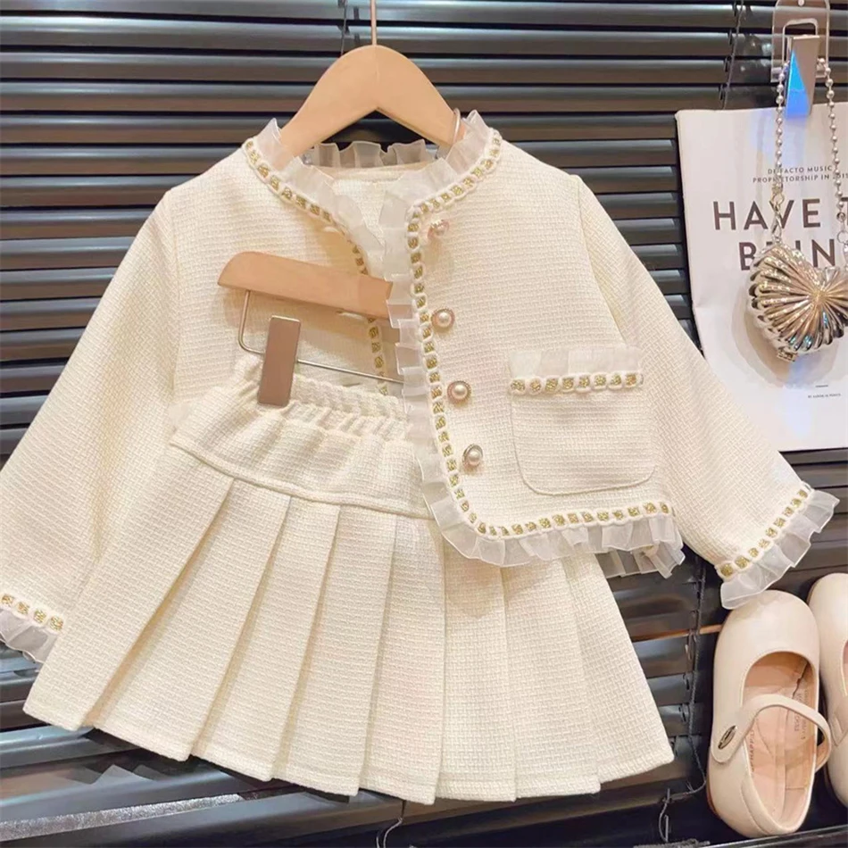 Stylish Spring Autumn Girl 2 Piece Clothing Set Mesh Overlay Jacket with Pleated Skirt Outfit for Cool Weather and School Events