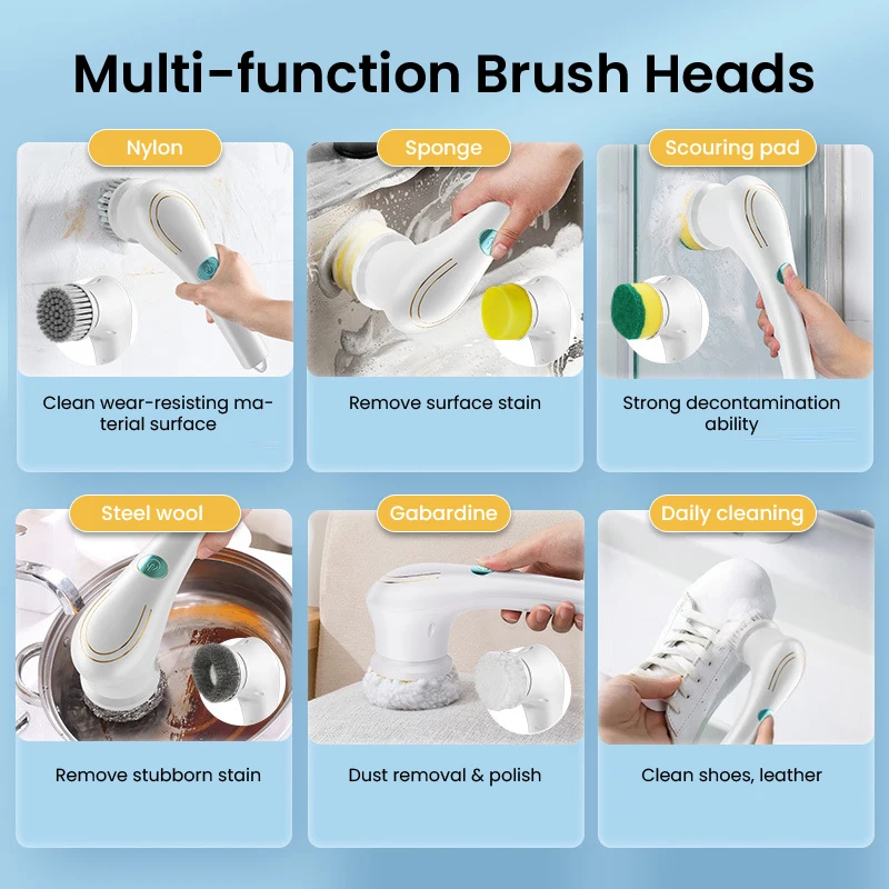 Household Electric Cleaning Brush Handheld USB Rechargeable Washing Brushes 5-in-1 Multifunctional Cleaning Tool Toliet Kitchen