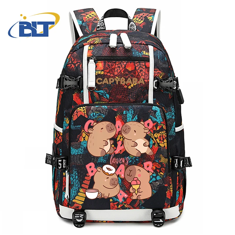 Cute Capybara printed student schoolbag youth backpack usb large capacity travel bag kids school gift