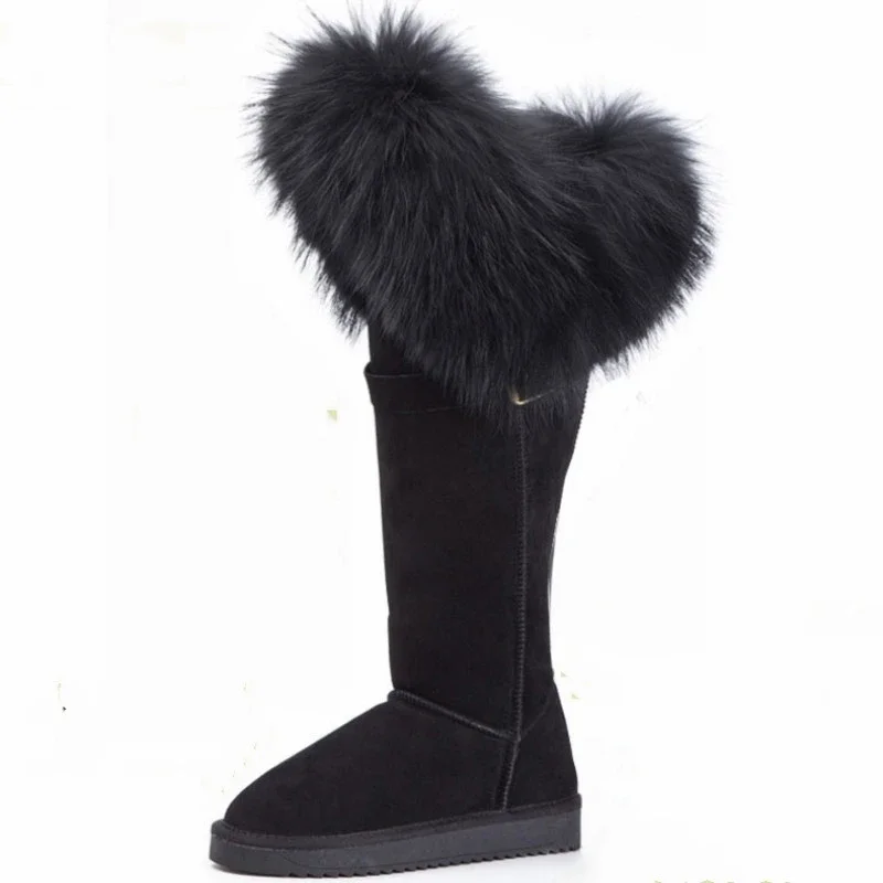G&Zaco Winter Natural Black Fox Fur Snow Boots Cow Genuine Leather Knee High Boots Long Waterproof Raccoon Women Boots