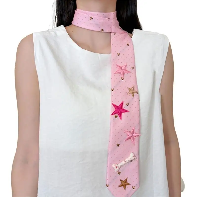 39BD Star Neck Tie Scarf in Pink Fabric, Long Decorative Neck Accessory for Outfit Layering, Casual Styling, Photos, and Fashion