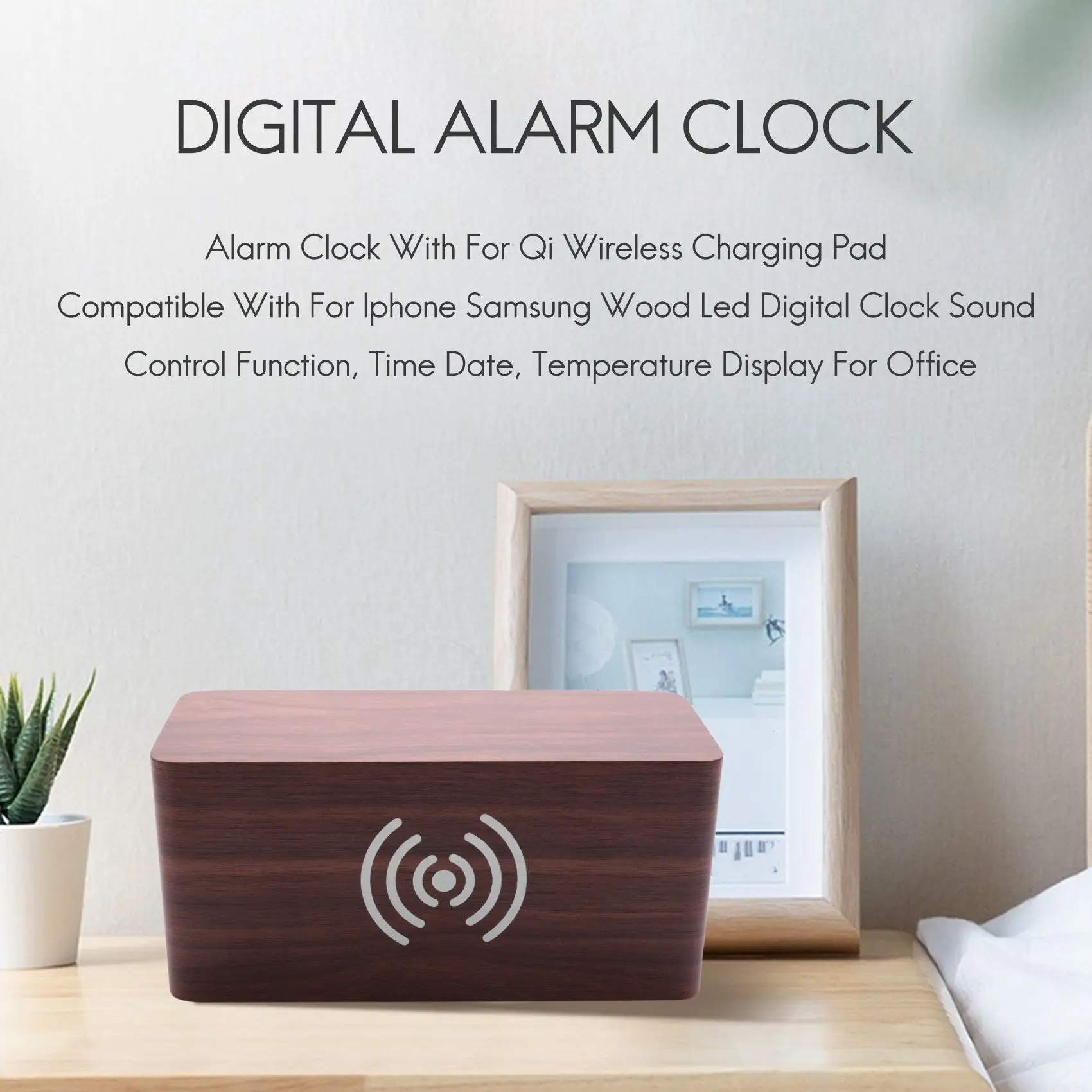 Alarm Clock With For Qi Wireless Charging Pad Compatible With For Iphone Samsung Wood Led Digital Clock Sound Control Functio