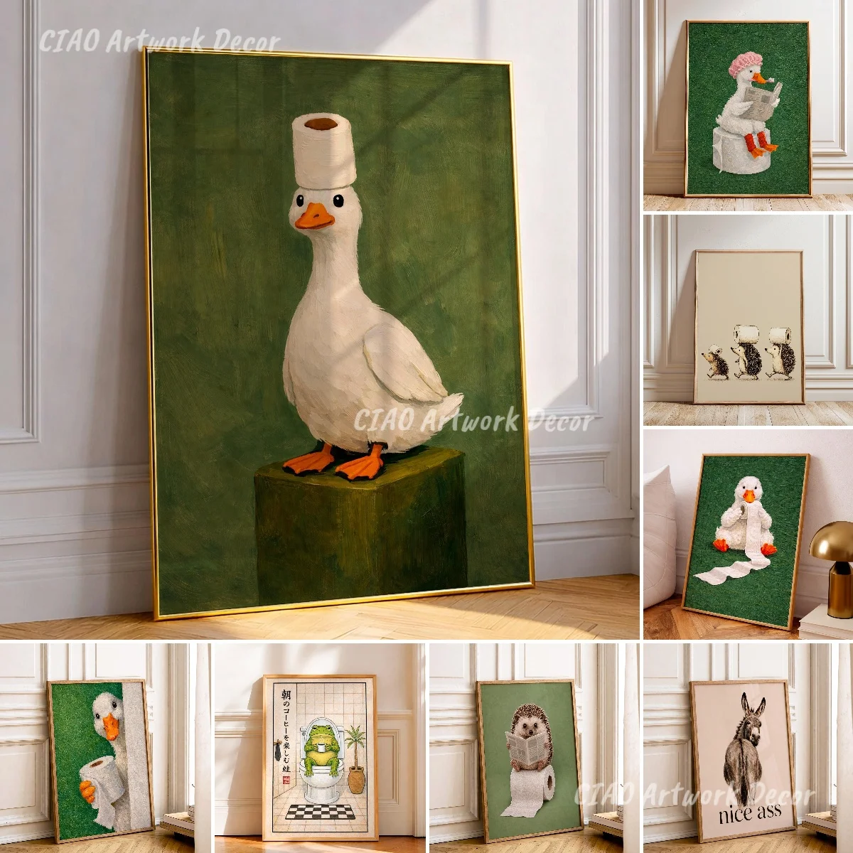Whimsical Duck Toilet Paper Canvas Prints Poster Funny Goose Frog Humorous Text Art Prints Bathroom Wall Art Home Decor Poster