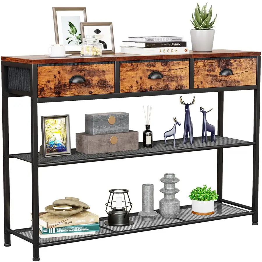 

Entryway Table, 38 Console Sofa Table with 3 Fabric Drawers, Industrial Entry Way Table with Storage Shelves, Display Shelf for