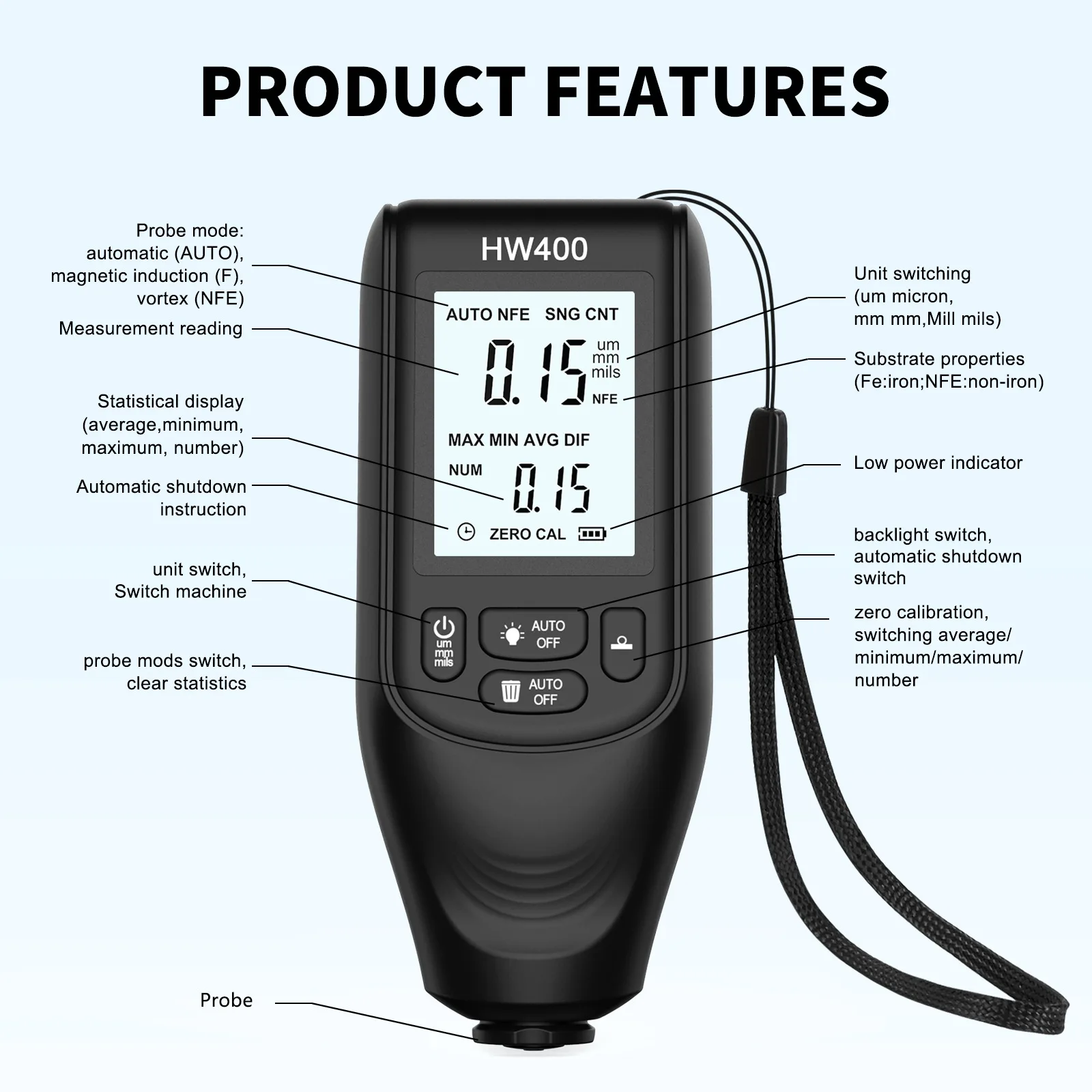 HW400 Automobile Thickness Gauge High-Precision Car Paint Thickness Tester Paint Tool 1um /0-2000 FE/NFE Coating Measurement