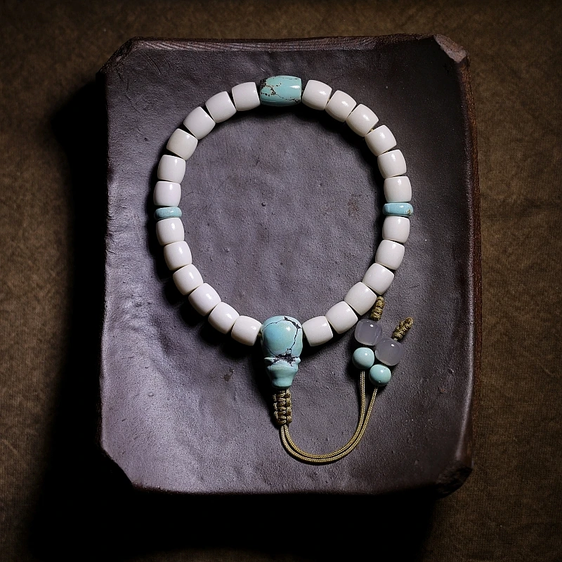 Natural Old Material Calcified Bracelet Straight Cut Barrel Beads Turquoise Beeswax Design