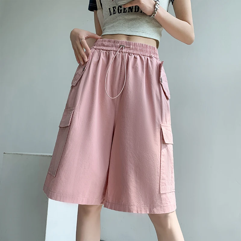 

Fashion Drawstring High Waist Cargo Shorts Women 2023 Summer Casual Big Pockets Loose Shorts Female Street Style Shorts