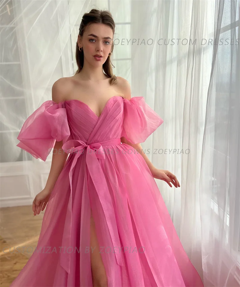 Roze Organza A Line Prom Jurken Korte Mouwen Vrouwen Off Shoulder Liefje Avondjurken Met Strik Gelegenheid Formele Feestjurk