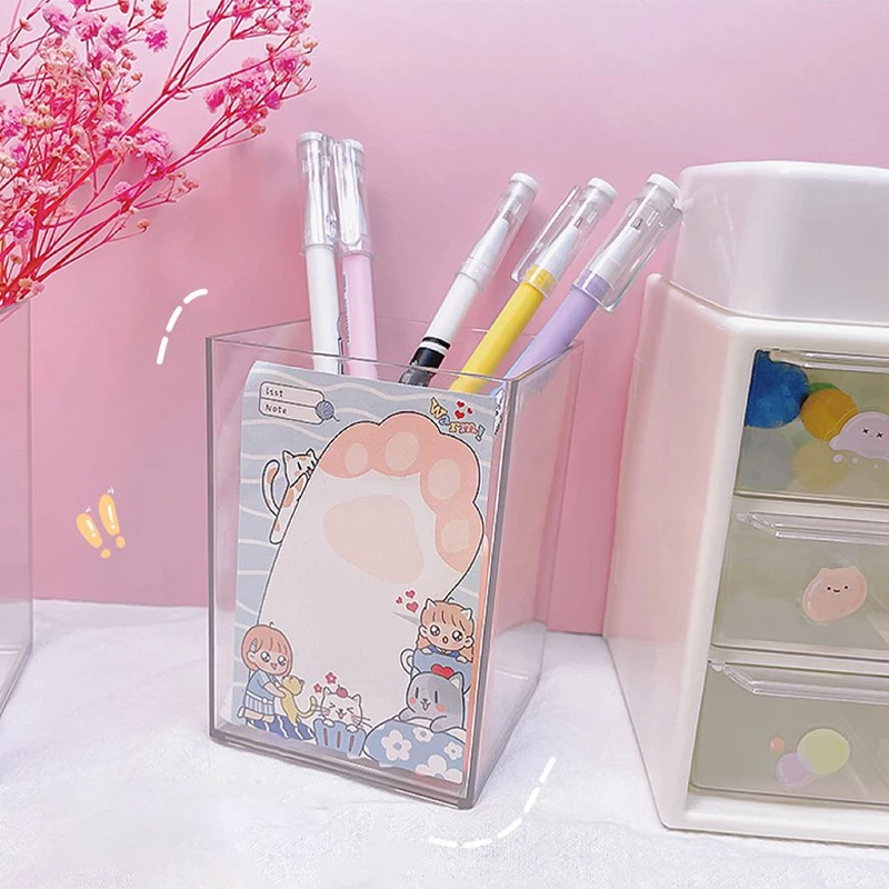 Desktop Desk Table Stationery Organizer Clear Plastic Pen Pencil Holder, Clear Makeup Brush Holder Cup Storage Office