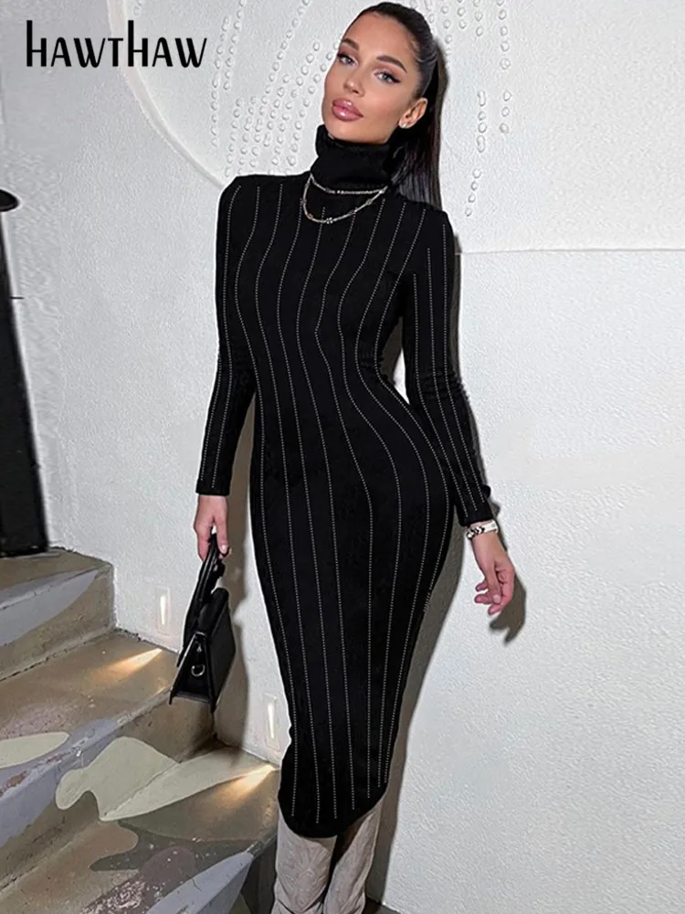 Hawthaw Women 2024 Spring Autumn Long Sleeve Party Club Streetwear Bodycon Black Midi Dress Wholesale Items For Business