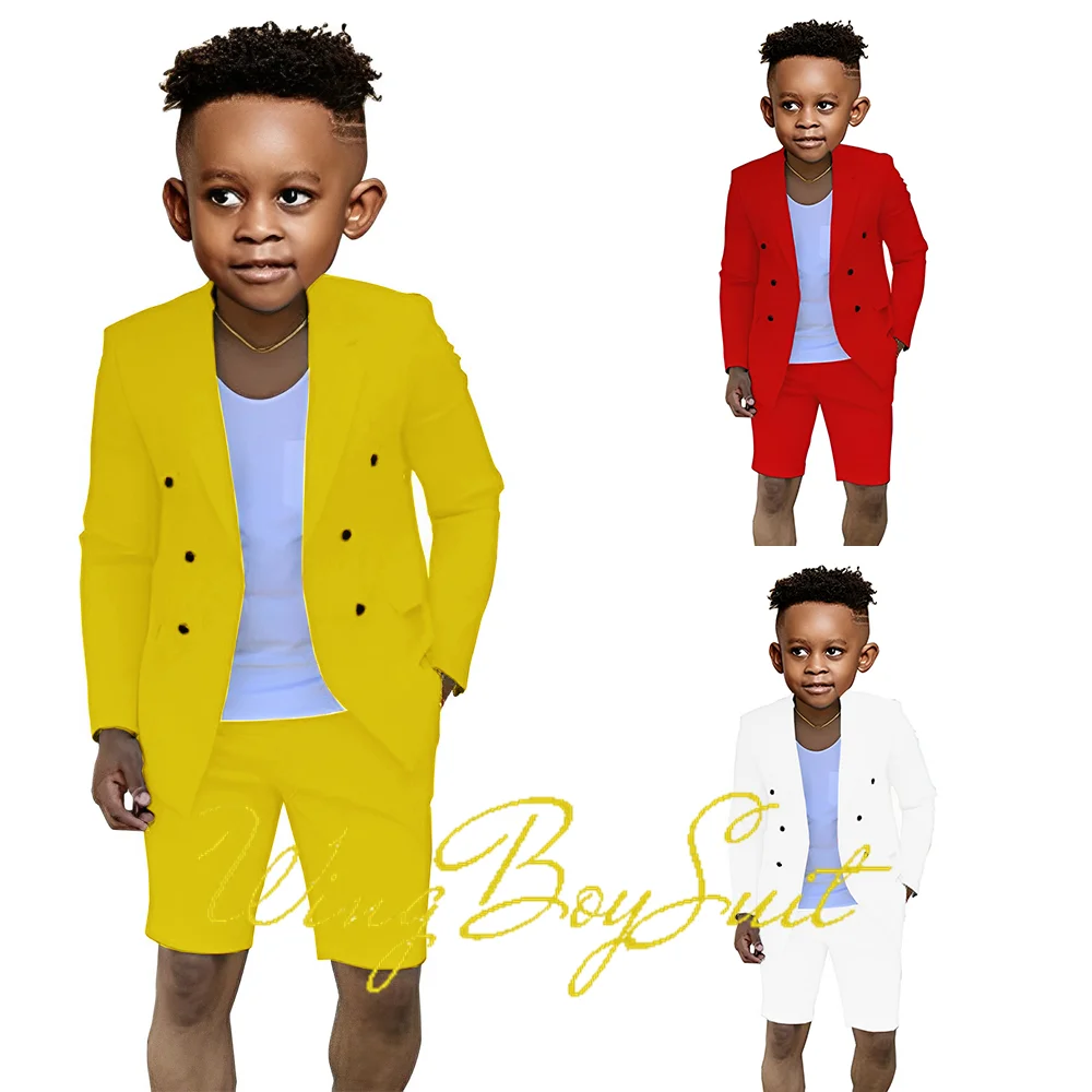 Summer Boys Suit Jacket Shorts 2 Piece Set Double Breasted Design Formal Kids Wedding Tuxedo Ring Holder Clothes