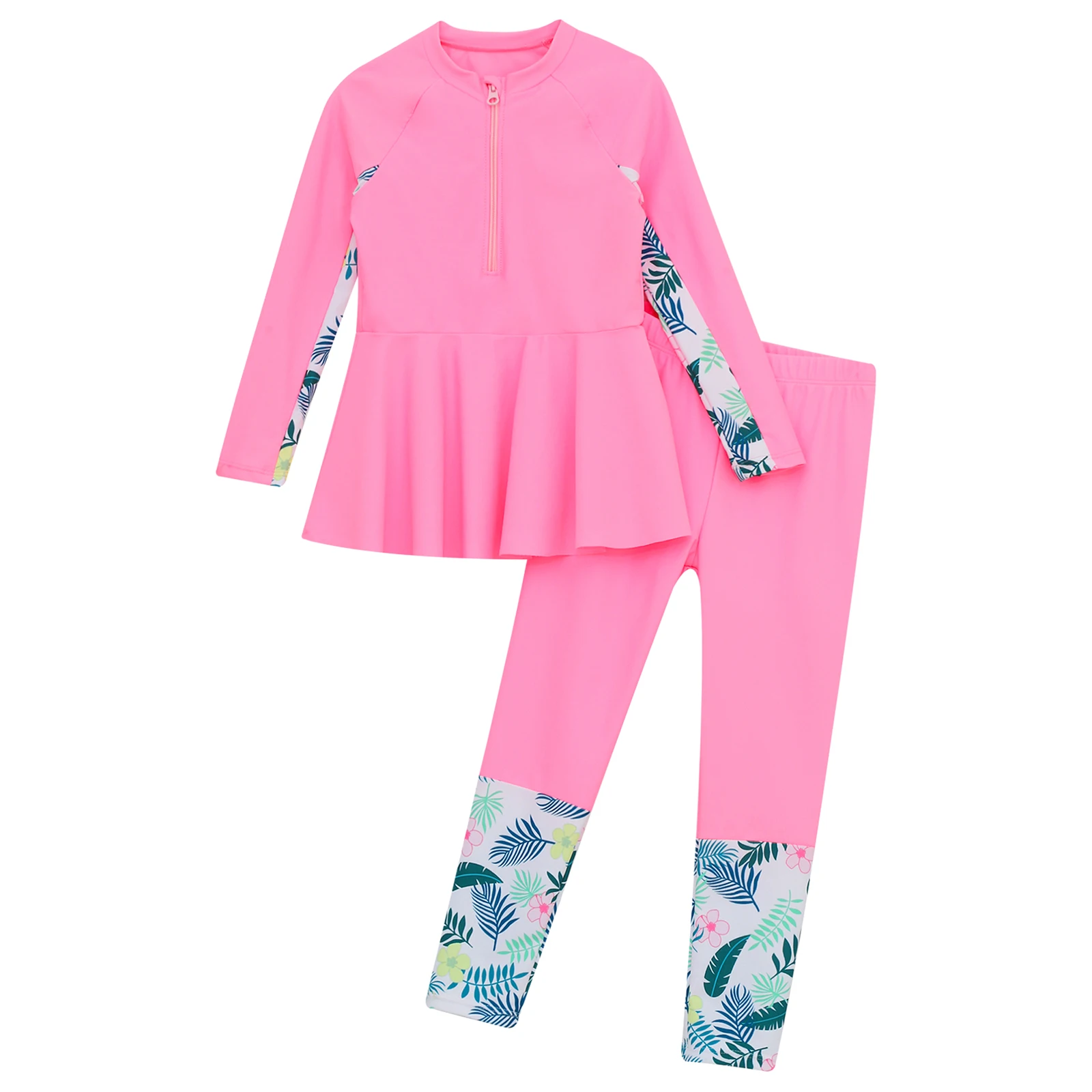 Kids Girls 2Pcs Swimsuit Sun Protective Rash Guard Floral Print Long Sleeve Top with Pants Swimwear Beach Surfing Bathing Suit