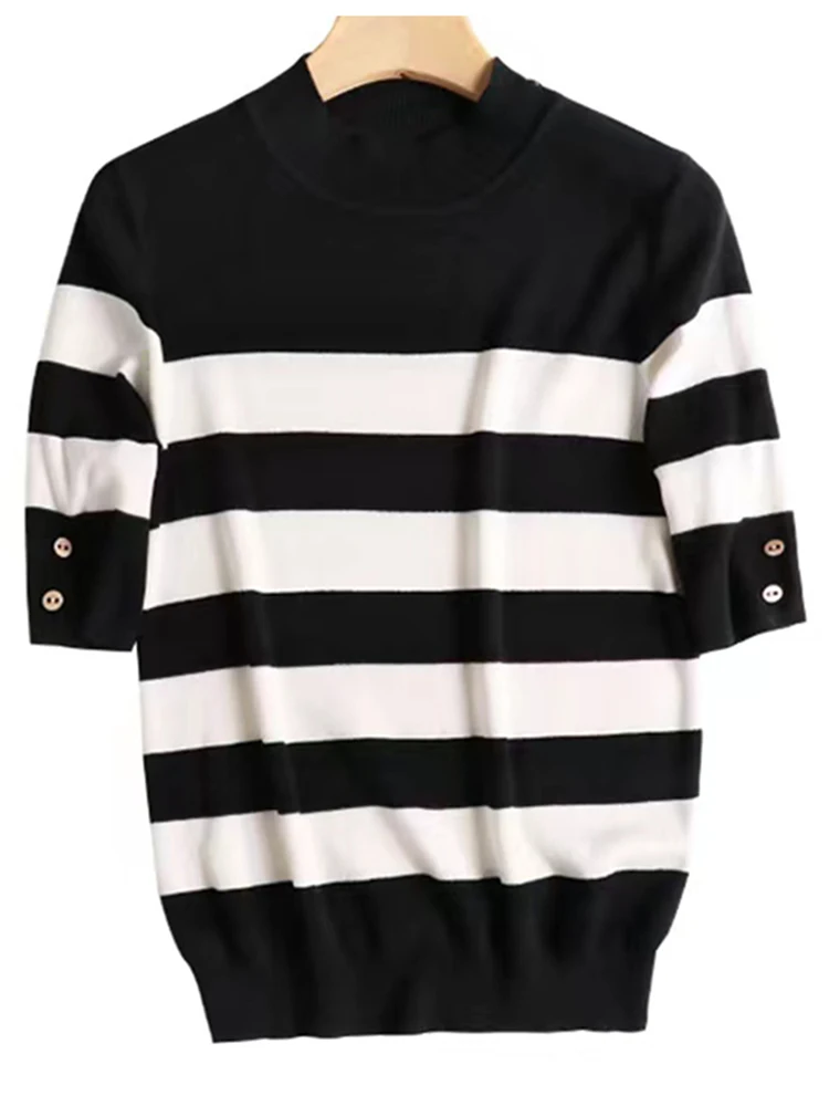 New Striped Sweater Summer Thin Button Up Top Women Clothes Black Ladies Knitted Tops Short Sleeve Pullover Sweater Mujer 2022