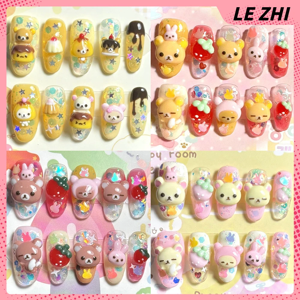 

Sweet Lovely Cartoon Rilakkuma Rabbit Chicken Handmade Long Ellipse Press On Nails Shining Stars Sequins Strawberry Fake Nails