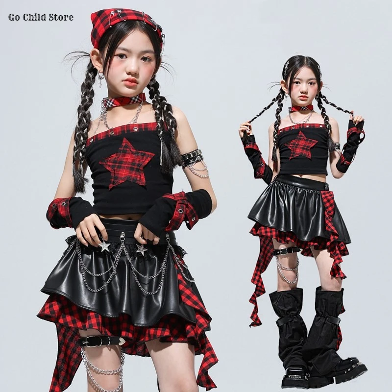 Hip Hop Girls Crop Top Street Dance Plaid Tassel Skirts Costumes Kids K-pop Streetwear Children Jazz Girl Group Clothes Sets