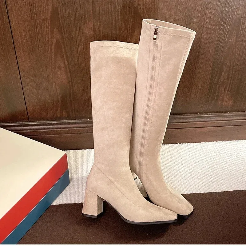 

High Quality Fashion Women Boots Autumn Winter Elastic Slimming Knee-High Boots New Thick Heel Shoes for Women Side Zipper Boot