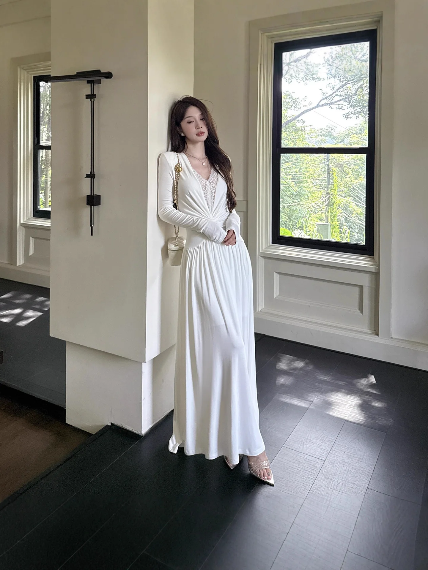 French Lace Panel Design Sheer White V-neck Dress Women's Elegant Slim-fit Ruched Long Dresses Autumn Party Evening Gown Robe