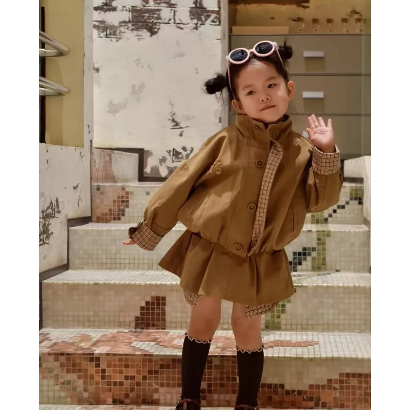 Children's Checkered Splicing Jacket + Half Skirt Set | Autumn Spring Kids Clothing Fashion Heavy Industry Temperament