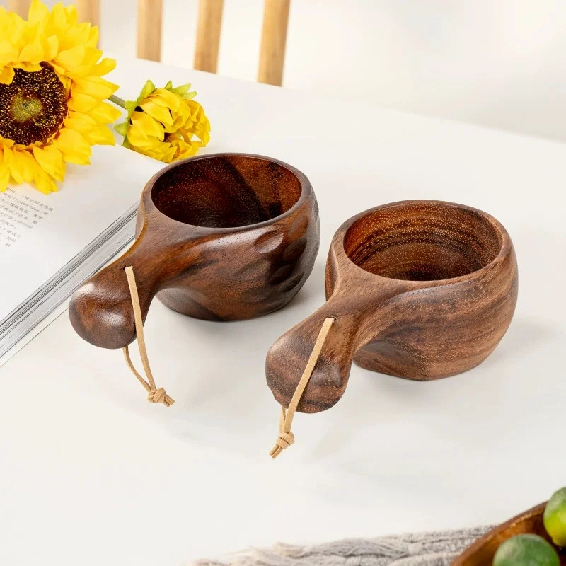 

2026 New Portable Finland Kuksa Mug 210ml Acacia Wood Outdoor Camping Coffee Cup Handle Cowhide Rope Bushcraft Drinking Ware
