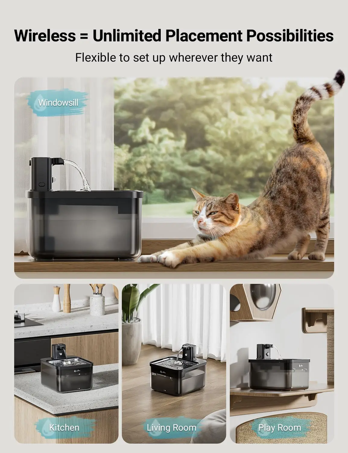 DownyPaws 2.5L Automatic Stainless Steel Cat Water Fountain 4000mAh Black Wireless Pet Drinker Battery & Sensor 2 in 1 Dispenser