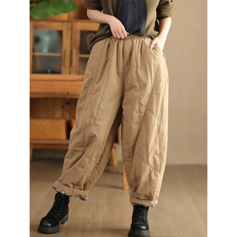 กางเกงฮาเร็มทรงหลวมสไตล์จีน ย้อนยุค แฟชั่นวินเทจ เอวยางยืด ตัดต่อผ้า รุ่นใหม่สำหรับผู้หญิง ฤดูใบไม้ร่วง ปี 2025 ZEMOREXMZ