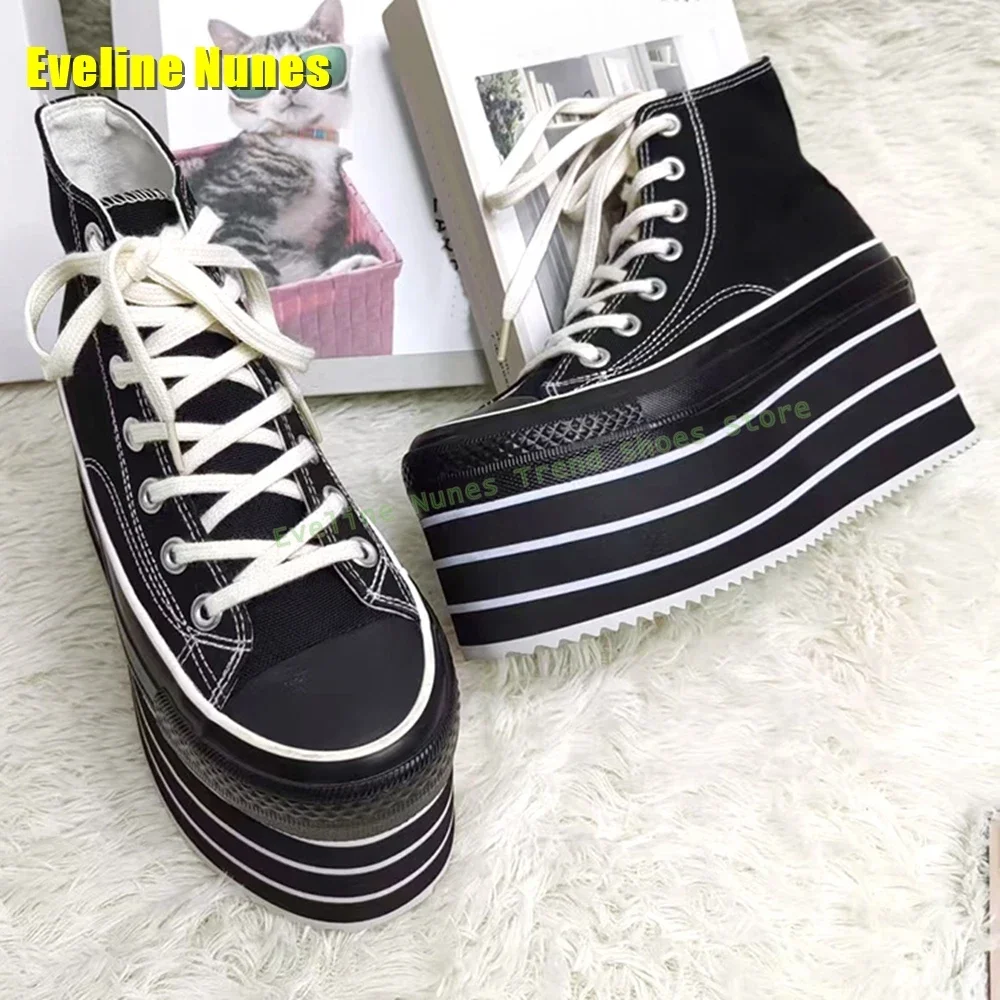 

Black and White Stripe Canvas Pumps Round Toe Thick Sole Height Increasing Lace Up Platform Women Ankle Boots 2025 Casual Shoes