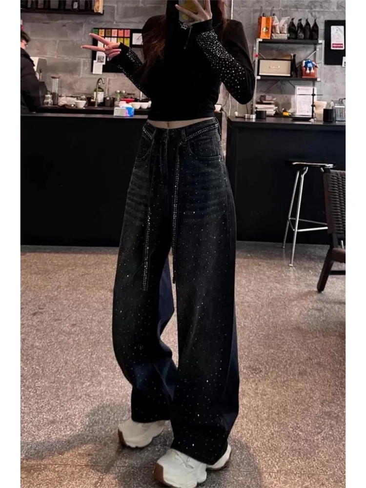 Grande taille américain Sle strass Denim taille haute jambe droite pantalon large pour poire aped femmes automne tenue décontracté