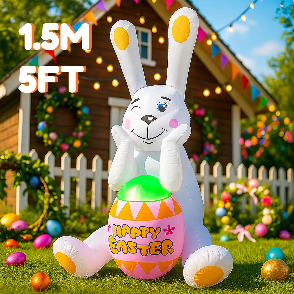 

5 футов Пасхальный Праздничный Надувной Мигающий Кролик Держи яйцо Декор Светодиодные фонари Воздушный двор Пасхальный праздник Надувные игрушки Декор Орнамент