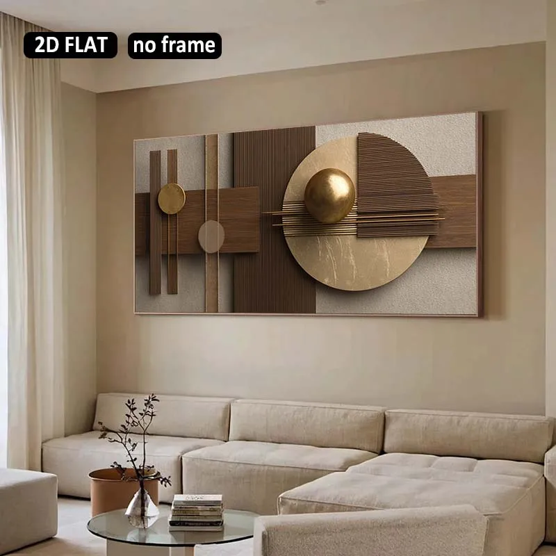 2D Flat Large Modern Abstract Golden Geometric Canvas Wall Art - Unframed Neutral Canvas Prints for Living Room & Office Decor