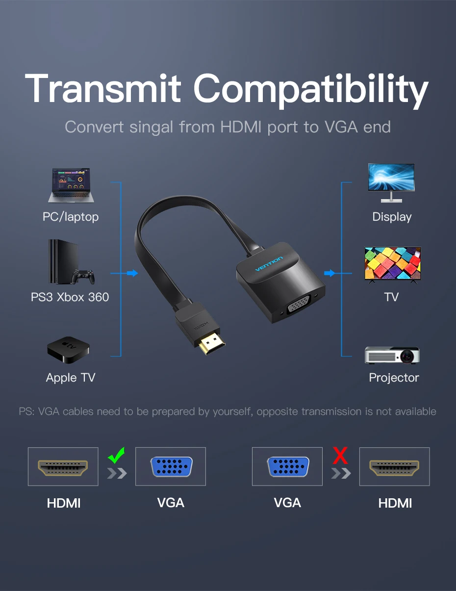 Vention HDMI zu VGA Adapter 1080P HD Stecker auf VGA Buchse Konverter mit 3,5 Jack Audio Kabel für Xbox PS4 PC Laptop Projektor – Detail 3