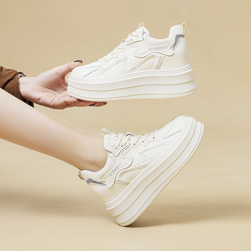 

Womens Cream White Platform Chunky Sneakers Hidden Heel Lift Lace Up Casual Low Top Shoes For Daily Street Style Versatile