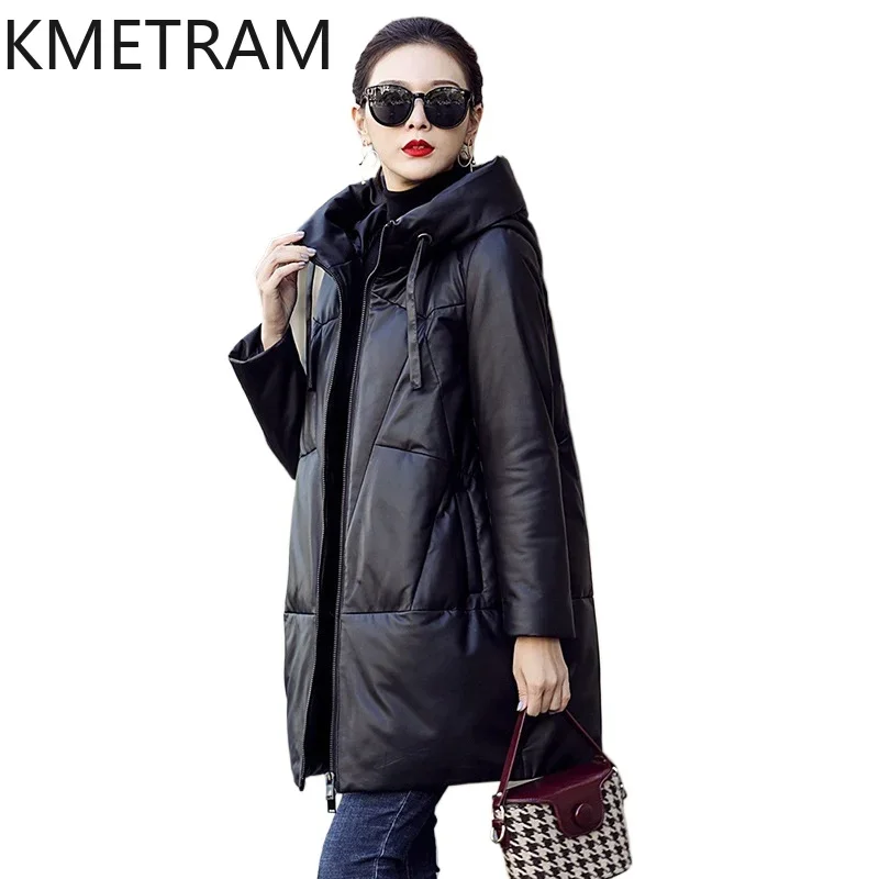 Winter Jacket Women 100% Sheepskin Down Coats 2024 New in Outerwears Black Loose Coat with Hood Womans Clothing Пуховик Женский