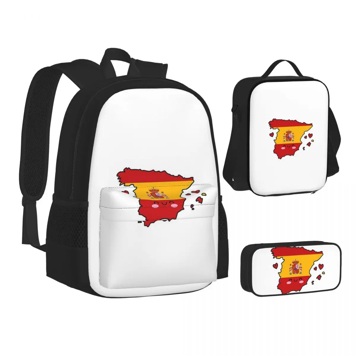 

Spain Flag Map Smile With Love Backpacks Boys Girls Bookbag Children School Bags Kids Rucksack Lunch Bag Pen Bag Three-Piece Set