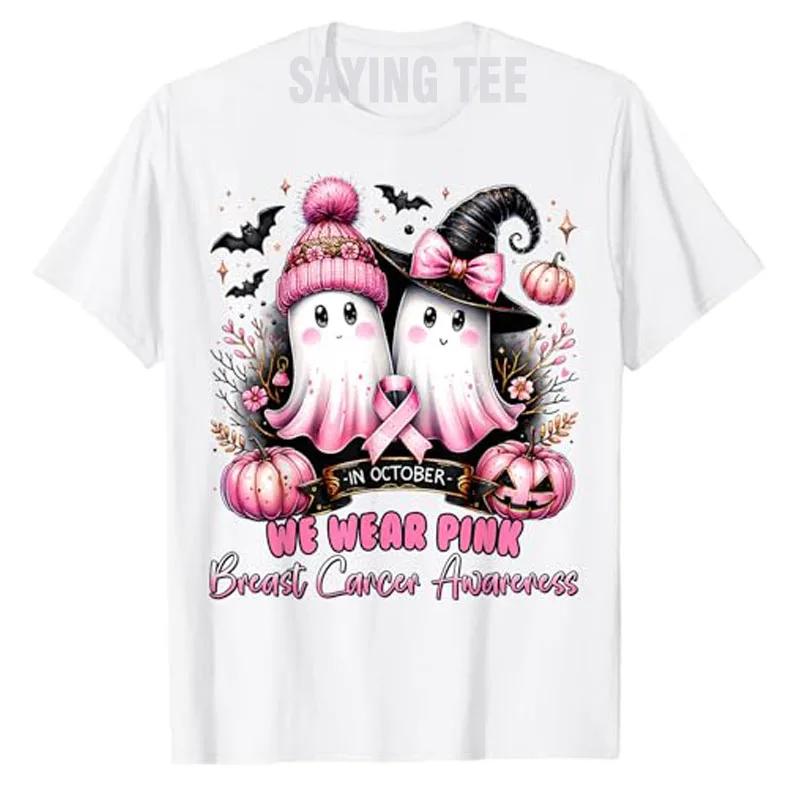 In October We Wear Pink Ghost Witch Breast Cancer Awareness T-Shirt Humor Funny Halloween Costume Gift Fall Pumpkin Saying Tee