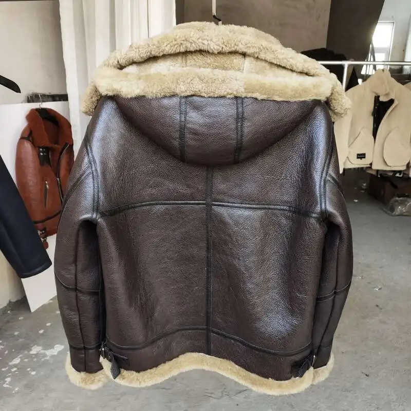 2023 Outerwear Air Force Pilot Man Coat Genuine Sheepskin Leather Natural Shearing Wool Jacket Hoodie for Male Brown XXXXXXXL