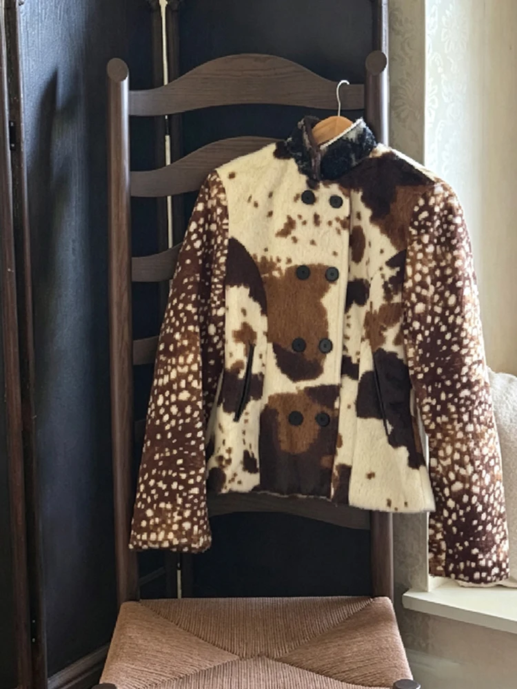 Y2K Cropped-Jacke mit Hirschmuster für Damen, Stehkragen, doppelreihig, lange Ärmel, schmale Passform, Oberbekleidung, Retro, Alltag, Streetwear, Damenmantel – Detail 1