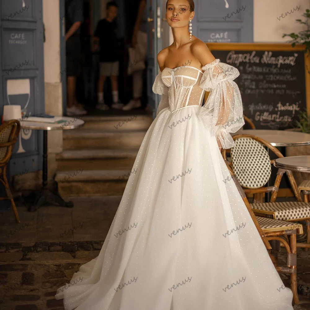 

Graceful Wedding Dresses A Line Tulle Tiered Bridal Gowns Long Puff Sleeves Robes For Formal Party Vestidos De Novia Customized