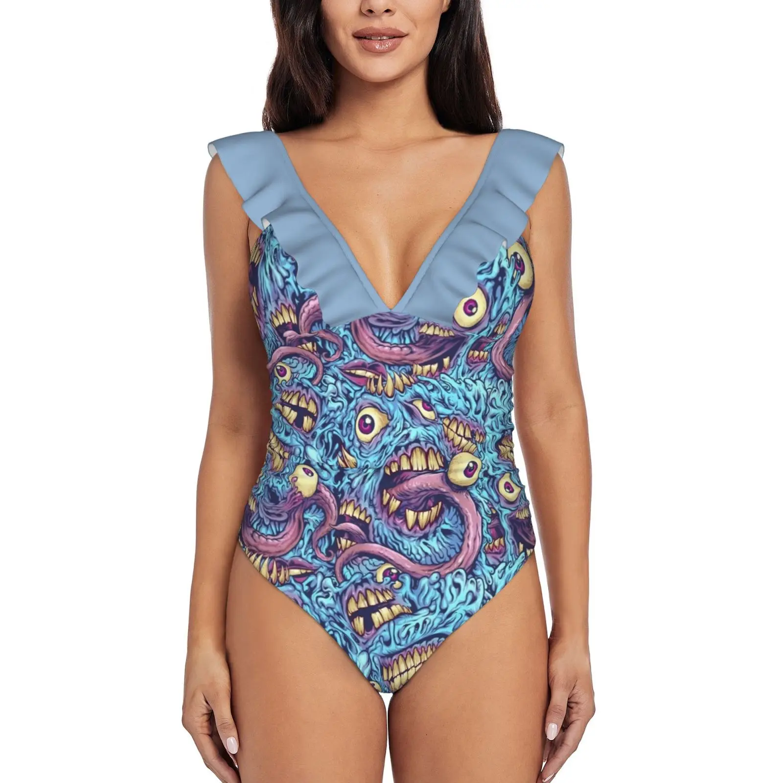 

Eyeballs And Teeth Pattern Women'S Ruffle One Piece Swimsuit Bodysuit One Piece Swimwear Bathing Suit Beachwear Brian Allen