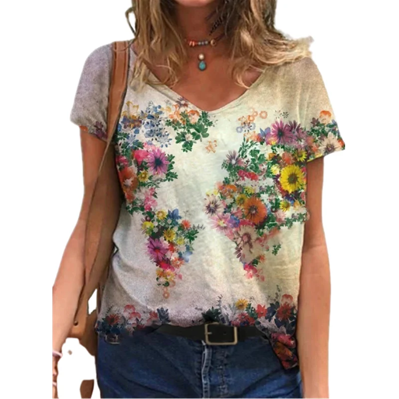 Summer Flower Print Women V-Neck T-Shirts Casual Pullover Loose Short Sleeves Oversized Tee Shirt Female Fashion Clothing 2024