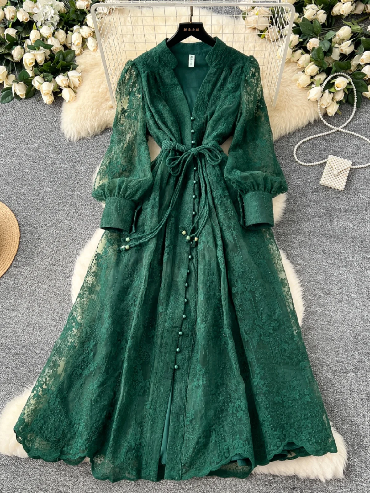 

2026 New Autumn Women French Style V-neck Lantern Sleeves Dress Heavy Embroidery Lace Bandage Solid Long A-line Dress